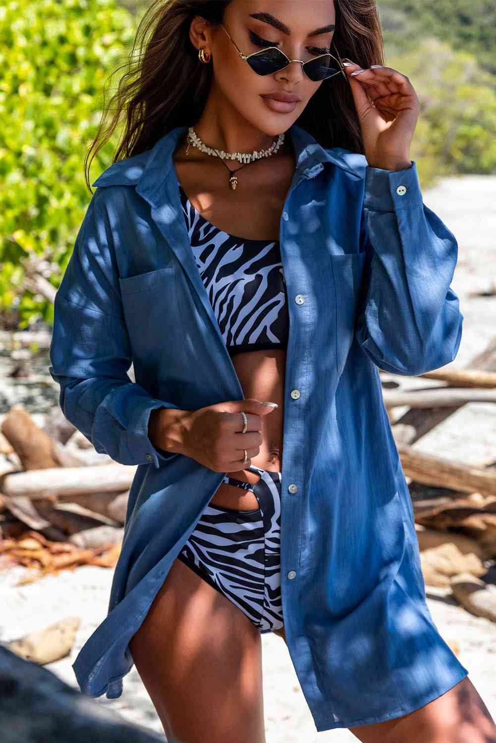 Trendsi Button-Up Longline Shirt with Breast Pockets Button-Up Longline Shirt with Breast Pockets