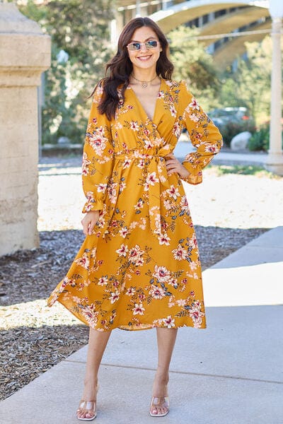 Trendsi Caramel / S Double Take Full Size Floral Tie Back Flounce Sleeve Dress Double Take Full Size Floral Tie Back Flounce Sleeve Dress