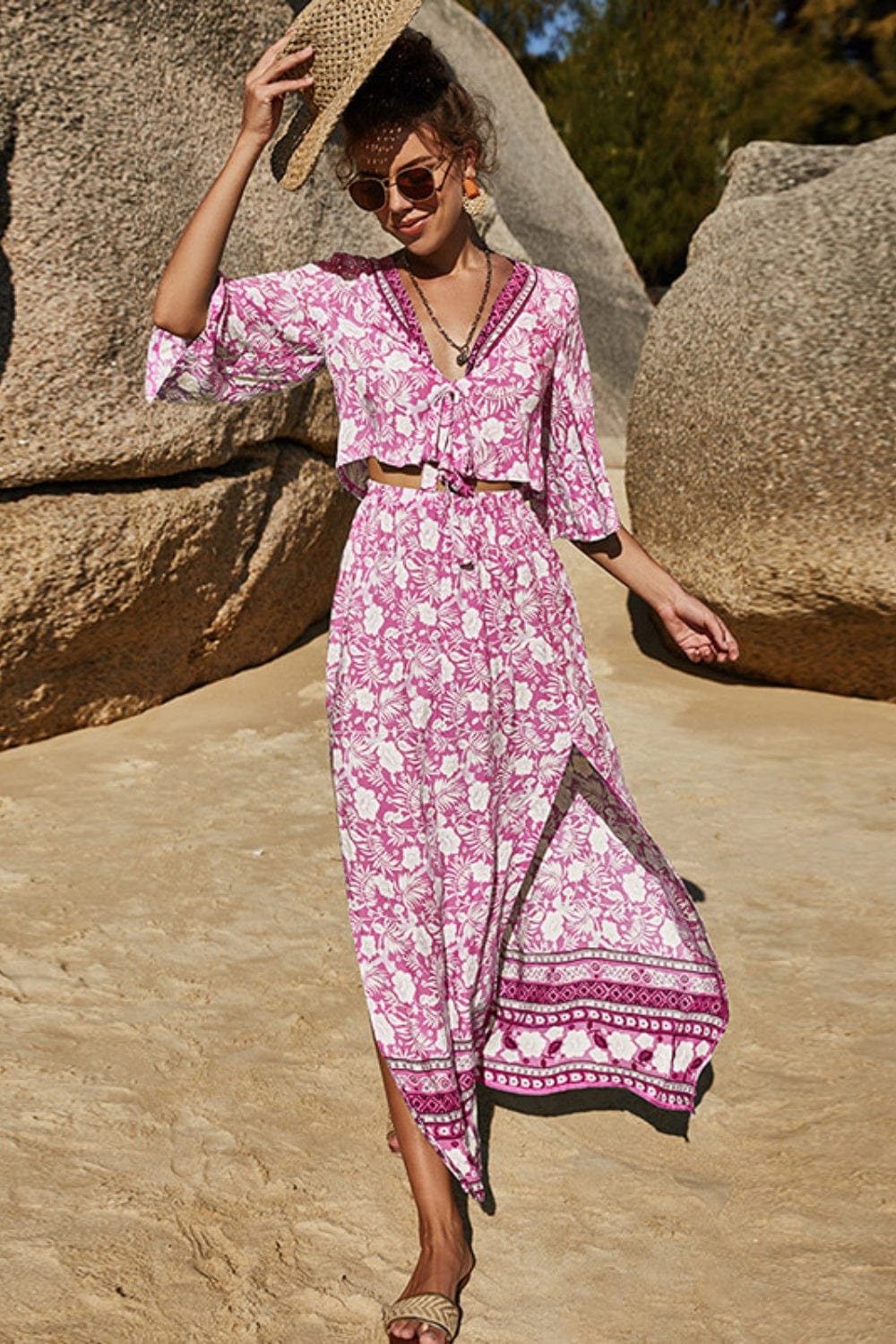 Trendsi Carnation Pink / S Printed Half Sleeve Top and Slit Skirt Set Printed Half Sleeve Top and Slit Skirt Set