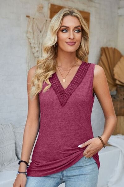 Trendsi Cerise / S Lace Detail V-Neck Tank Lace Detail V-Neck Tank