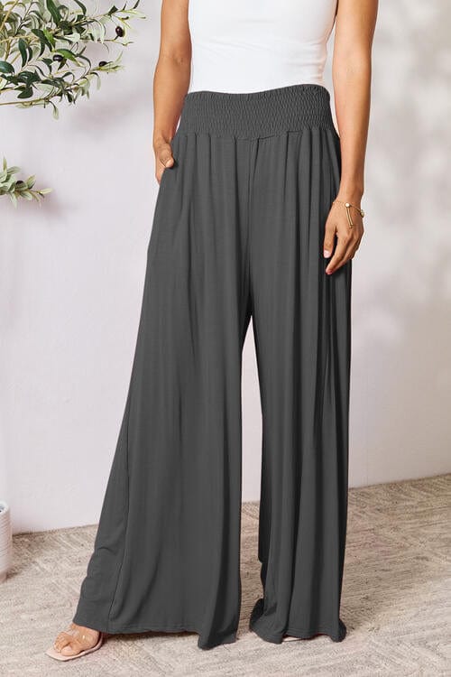 Trendsi Charcoal / S Double Take Full Size Smocked Wide Waistband Wide Leg Pants Double Take Full Size Smocked Wide Waistband Wide Leg Pants