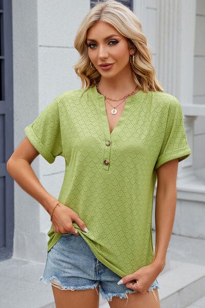 Trendsi Chartreuse / S Eyelet Notched Short Sleeve T-Shirt Eyelet Notched Short Sleeve T-Shirt