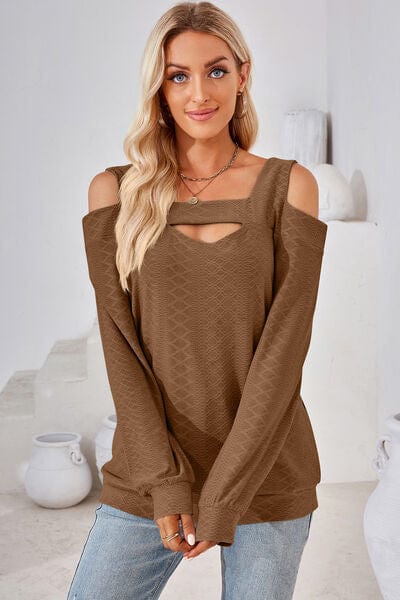 Trendsi Chestnut / S Cutout Square Neck Cold Shoulder T-Shirt Cutout Square Neck Cold Shoulder T-Shirt