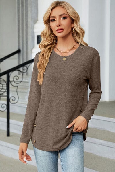 Trendsi Coffee Brown / S Decorative Button Round Neck T-Shirt Decorative Button Round Neck T-Shirt