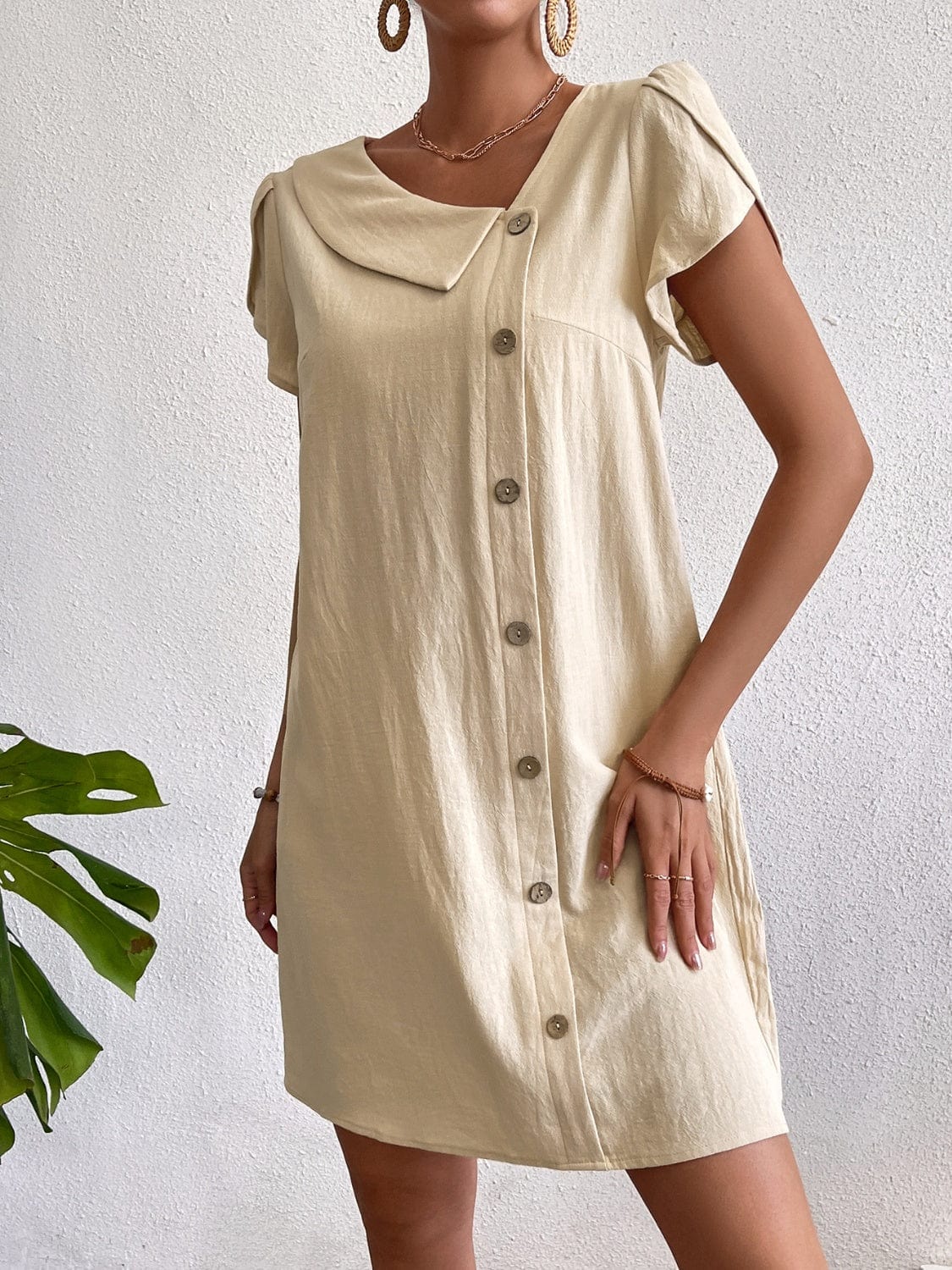 Trendsi Decorative Button Asymmetrical Neck Short Sleeve Dress Decorative Button Asymmetrical Neck Short Sleeve Dress