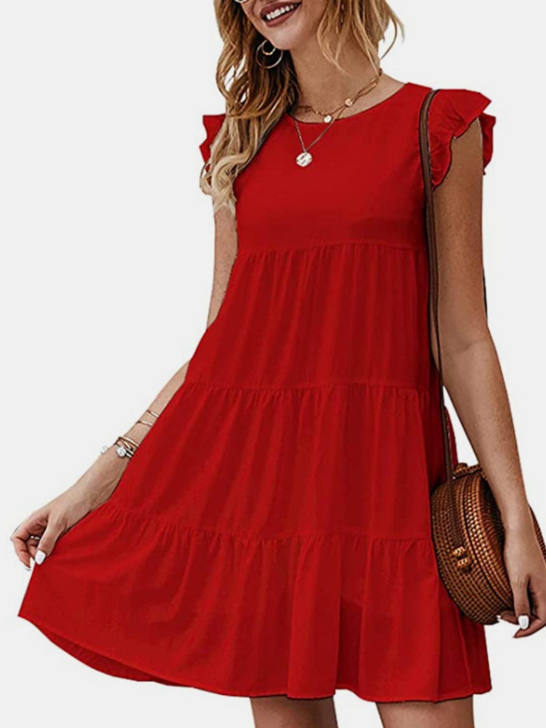 Trendsi Deep Red / S Ruffled Round Neck Cap Sleeve Mini Dress Ruffled Round Neck Cap Sleeve Mini Dress