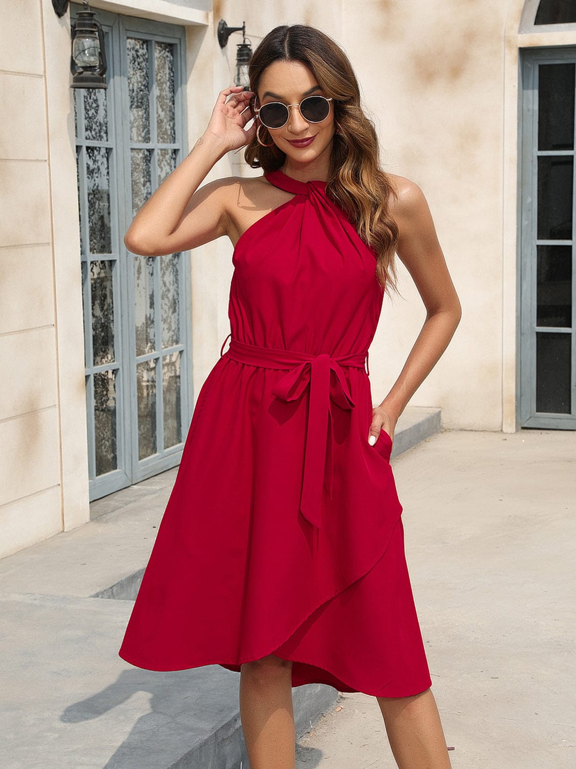 Trendsi Deep Red / S Tied Round Neck Sleeveless Dress Tied Round Neck Sleeveless Dress
