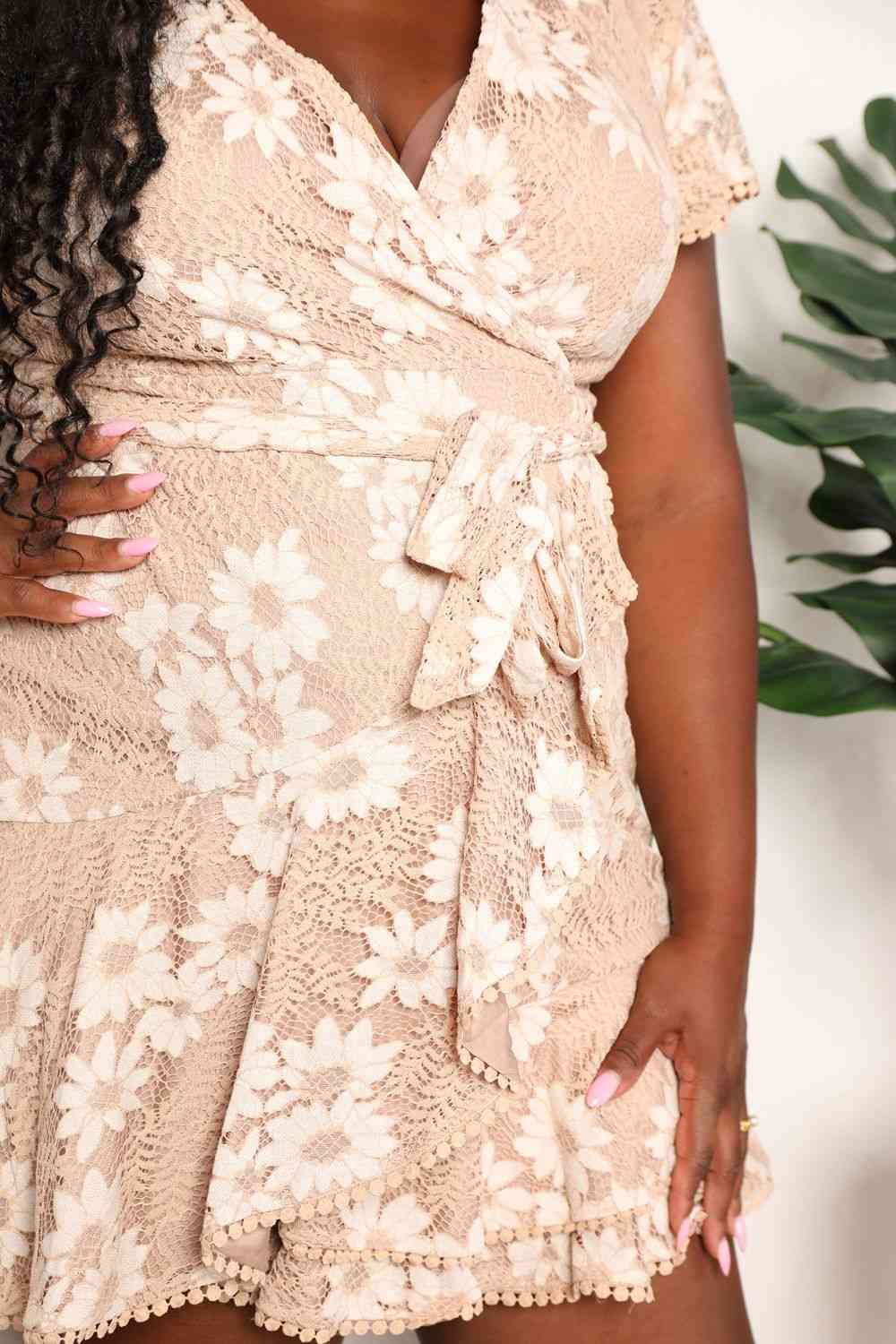 Trendsi Double Take Floral Lace Pompom Detail Tie-Waist Flutter Sleeve Dress Double Take Floral Lace Pompom Detail Tie-Waist Flutter Sleeve Dress