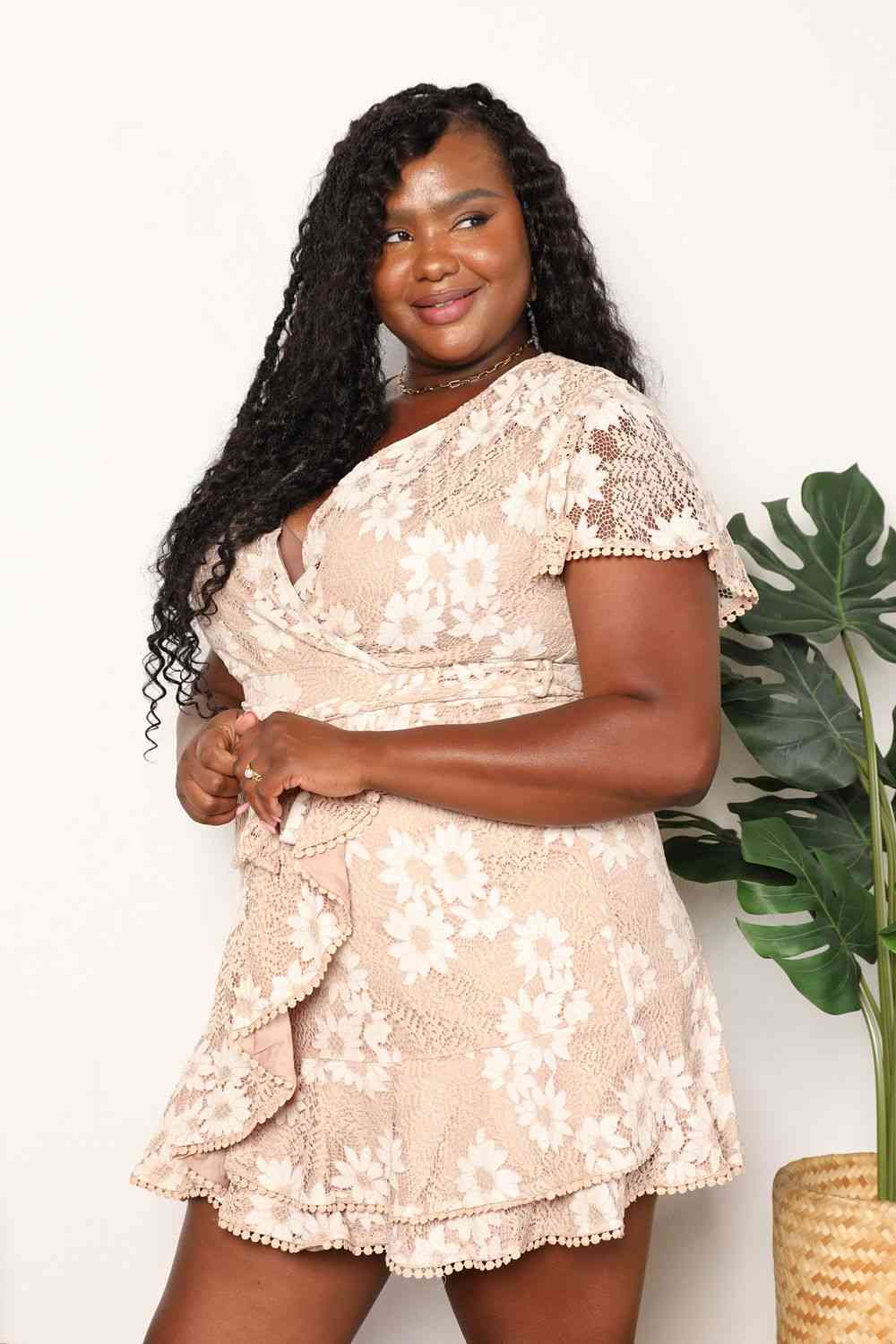 Trendsi Double Take Floral Lace Pompom Detail Tie-Waist Flutter Sleeve Dress Double Take Floral Lace Pompom Detail Tie-Waist Flutter Sleeve Dress