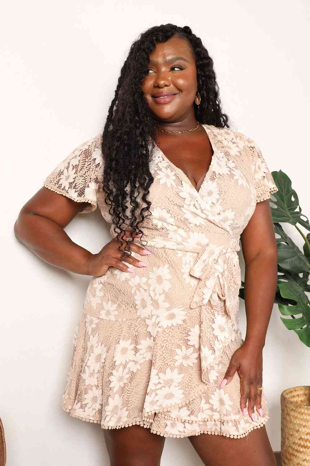 Trendsi Double Take Floral Lace Pompom Detail Tie-Waist Flutter Sleeve Dress Double Take Floral Lace Pompom Detail Tie-Waist Flutter Sleeve Dress