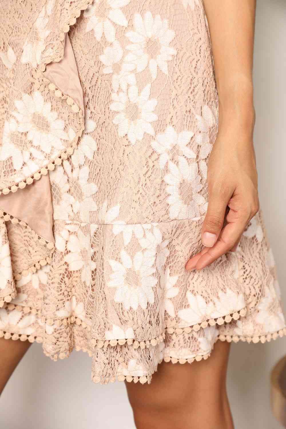 Trendsi Double Take Floral Lace Pompom Detail Tie-Waist Flutter Sleeve Dress Double Take Floral Lace Pompom Detail Tie-Waist Flutter Sleeve Dress