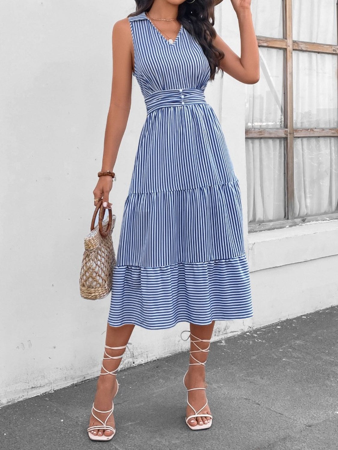 Trendsi Dusty  Blue / S Striped Johnny Collar Sleeveless Midi Dress Striped Johnny Collar Sleeveless Midi Dress