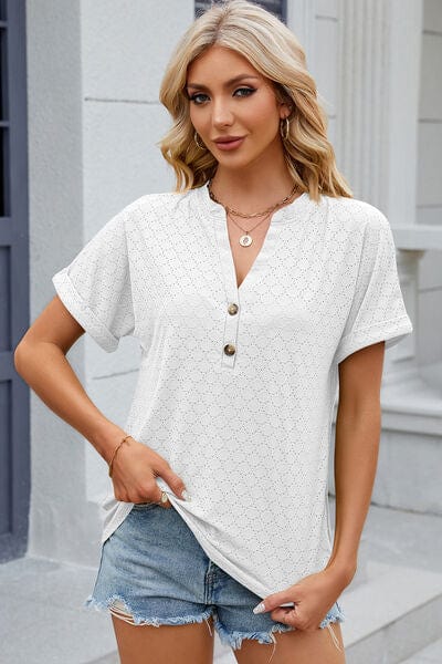 Trendsi Eyelet Notched Short Sleeve T-Shirt Eyelet Notched Short Sleeve T-Shirt