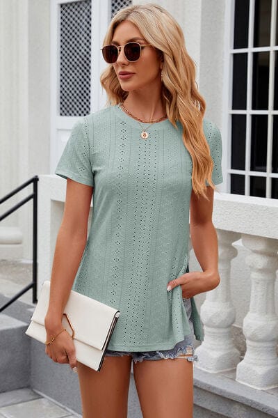Trendsi Eyelet Slit Round Neck Short Sleeve T-Shirt Eyelet Slit Round Neck Short Sleeve T-Shirt