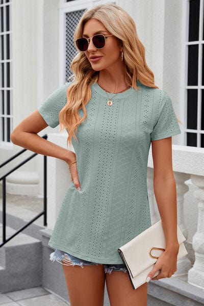 Trendsi Eyelet Slit Round Neck Short Sleeve T-Shirt Eyelet Slit Round Neck Short Sleeve T-Shirt