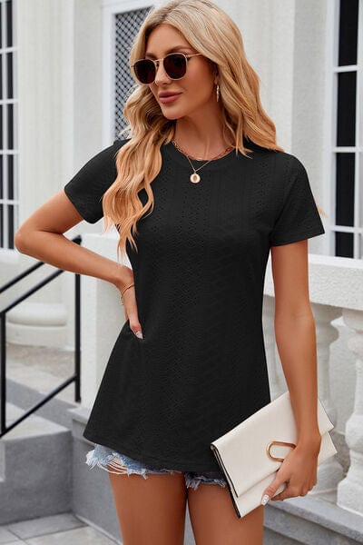 Trendsi Eyelet Slit Round Neck Short Sleeve T-Shirt Eyelet Slit Round Neck Short Sleeve T-Shirt