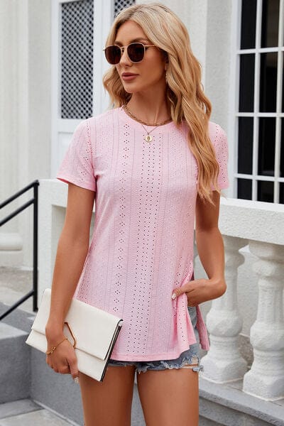 Trendsi Eyelet Slit Round Neck Short Sleeve T-Shirt Eyelet Slit Round Neck Short Sleeve T-Shirt