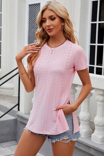 Trendsi Eyelet Slit Round Neck Short Sleeve T-Shirt Eyelet Slit Round Neck Short Sleeve T-Shirt