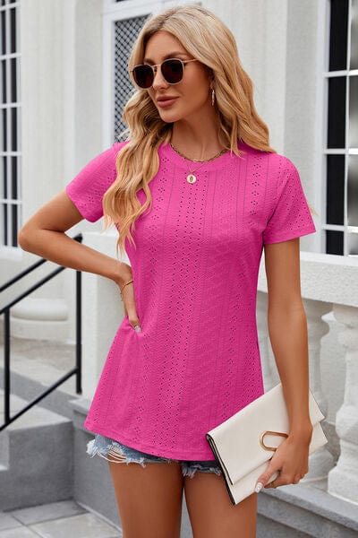 Trendsi Eyelet Slit Round Neck Short Sleeve T-Shirt Eyelet Slit Round Neck Short Sleeve T-Shirt