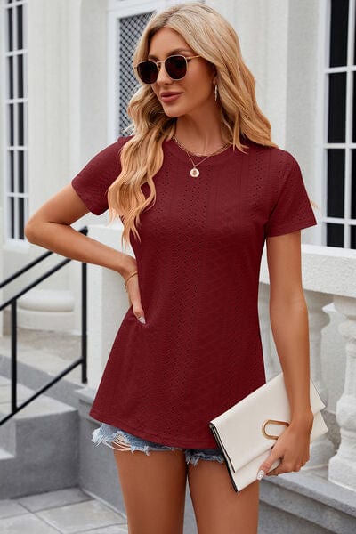 Trendsi Eyelet Slit Round Neck Short Sleeve T-Shirt Eyelet Slit Round Neck Short Sleeve T-Shirt