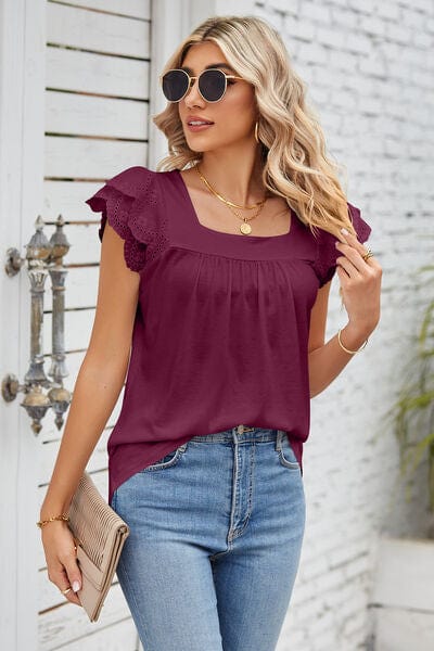 Trendsi Eyelet Square Neck Cap Sleeve Blouse Eyelet Square Neck Cap Sleeve Blouse