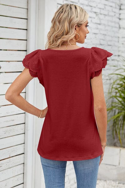 Trendsi Eyelet Square Neck Cap Sleeve Blouse Eyelet Square Neck Cap Sleeve Blouse