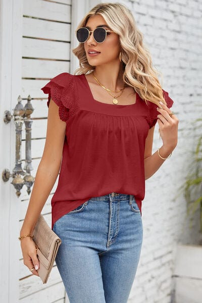 Trendsi Eyelet Square Neck Cap Sleeve Blouse Eyelet Square Neck Cap Sleeve Blouse