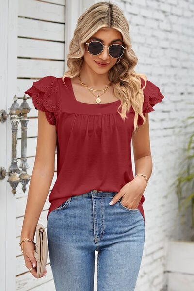 Trendsi Eyelet Square Neck Cap Sleeve Blouse Eyelet Square Neck Cap Sleeve Blouse