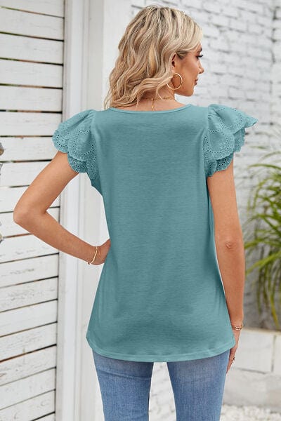 Trendsi Eyelet Square Neck Cap Sleeve Blouse Eyelet Square Neck Cap Sleeve Blouse