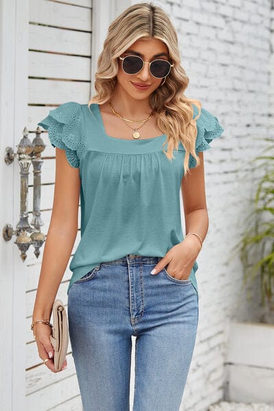 Trendsi Eyelet Square Neck Cap Sleeve Blouse Eyelet Square Neck Cap Sleeve Blouse