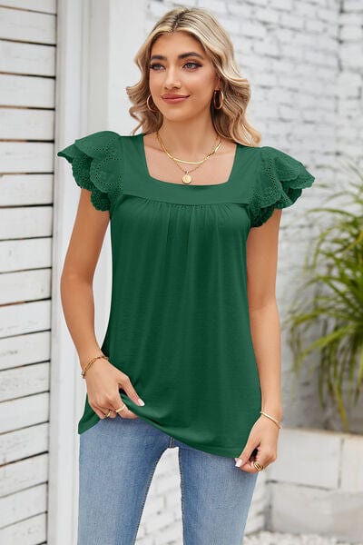 Trendsi Green / S Eyelet Square Neck Cap Sleeve Blouse Eyelet Square Neck Cap Sleeve Blouse