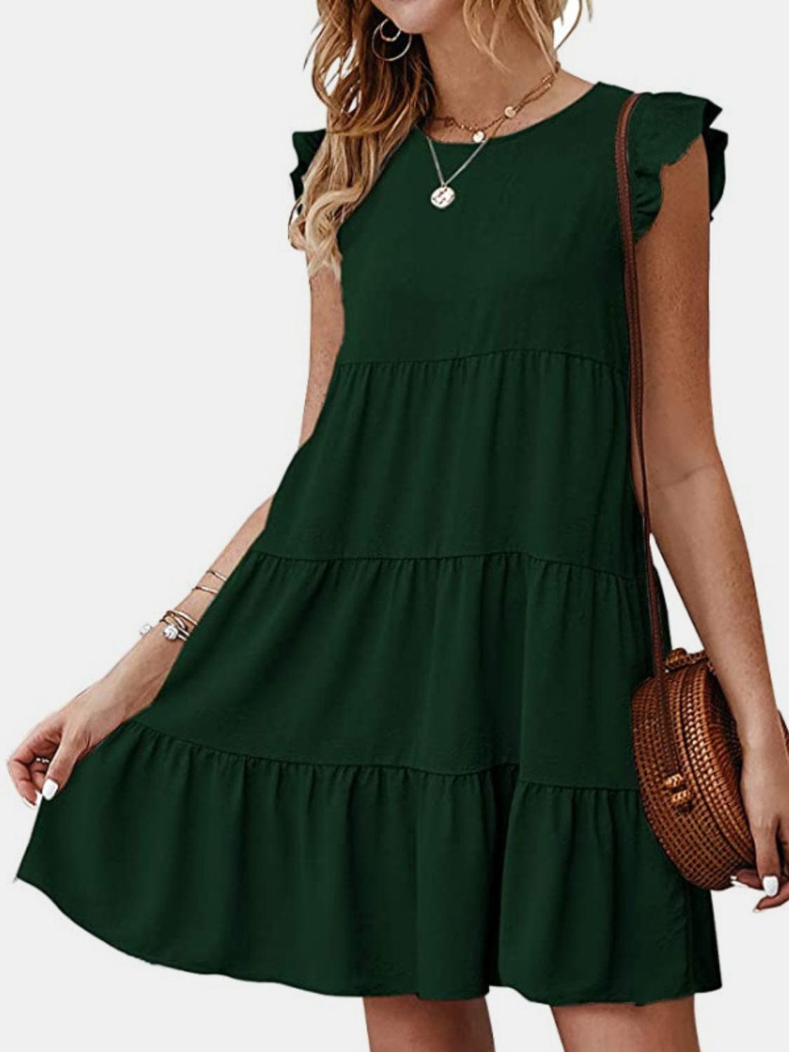 Trendsi Green / S Ruffled Round Neck Cap Sleeve Mini Dress Ruffled Round Neck Cap Sleeve Mini Dress