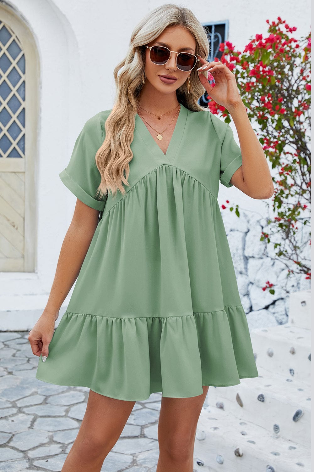Trendsi Gum Leaf / S Ruched Tiered V-Neck Short Sleeve Mini Dress Ruched Tiered V-Neck Short Sleeve Mini Dress