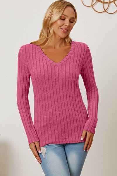 Trendsi Hot Pink / S Basic Bae Full Size Ribbed V-Neck Long Sleeve T-Shirt Basic Bae Full Size Ribbed V-Neck Long Sleeve T-Shirt