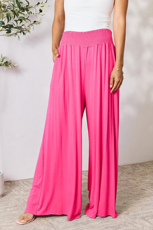 Trendsi Hot Pink / S Double Take Full Size Smocked Wide Waistband Wide Leg Pants Double Take Full Size Smocked Wide Waistband Wide Leg Pants