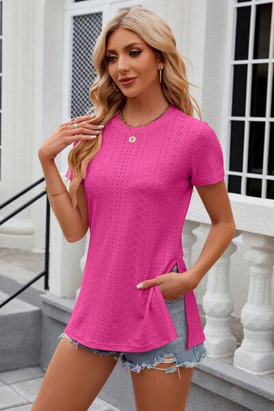 Trendsi Hot Pink / S Eyelet Slit Round Neck Short Sleeve T-Shirt Eyelet Slit Round Neck Short Sleeve T-Shirt