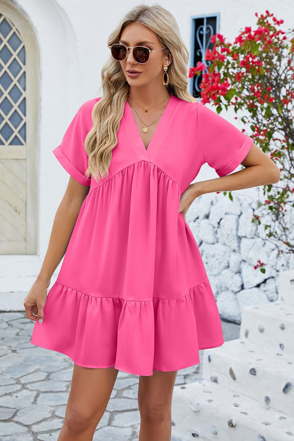 Trendsi Hot Pink / S Ruched Tiered V-Neck Short Sleeve Mini Dress Ruched Tiered V-Neck Short Sleeve Mini Dress
