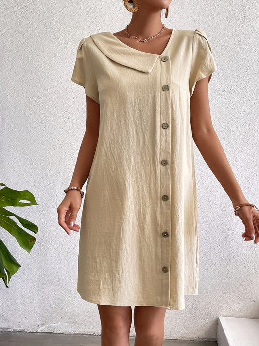 Trendsi Khaki / S Decorative Button Asymmetrical Neck Short Sleeve Dress Decorative Button Asymmetrical Neck Short Sleeve Dress