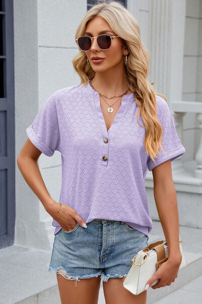 Trendsi Lavender / S Eyelet Notched Short Sleeve T-Shirt Eyelet Notched Short Sleeve T-Shirt