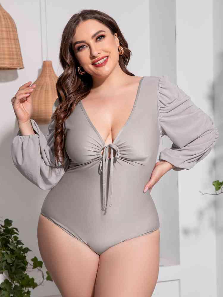 Trendsi Light Gray / 2XL Plus Size Tied Deep V Balloon Sleeve One-Piece Swimsuit Plus Size Tied Deep V Balloon Sleeve One-Piece Swimsuit