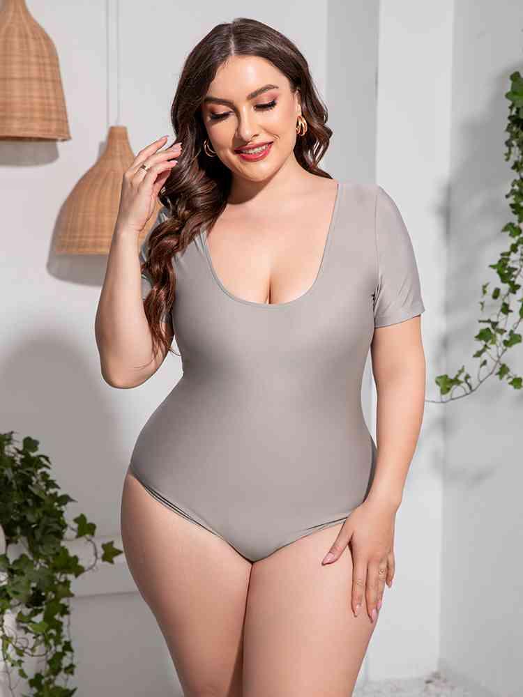Trendsi Light Gray / 2XL Scoop Neck Short Sleeve One-Piece Swimsuit Scoop Neck Short Sleeve One-Piece Swimsuit