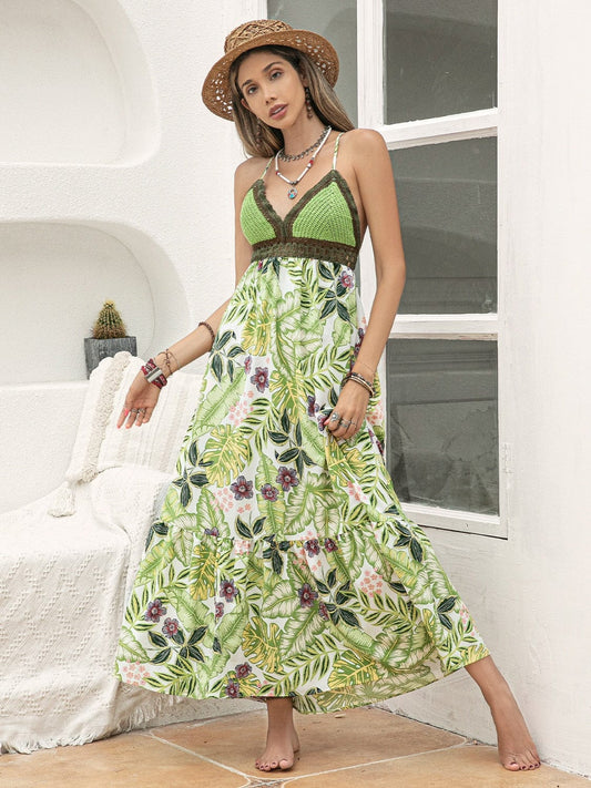 Trendsi Lime / S Backless Printed V-Neck Cami Dress Backless Printed V-Neck Cami Dress