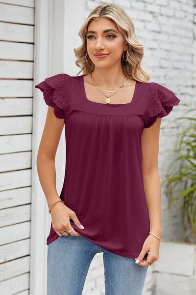 Trendsi Magenta / S Eyelet Square Neck Cap Sleeve Blouse Eyelet Square Neck Cap Sleeve Blouse