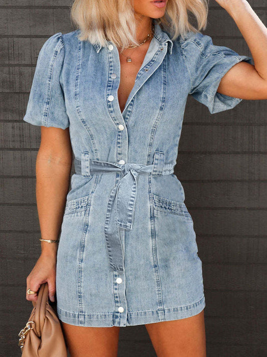Trendsi Medium / S Puff Sleeve Button Up Mini Denim Dress Puff Sleeve Button Up Mini Denim Dress