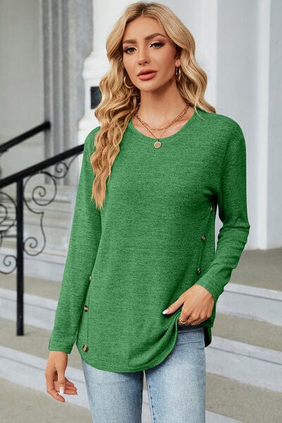 Trendsi Mid Green / S Decorative Button Round Neck T-Shirt Decorative Button Round Neck T-Shirt