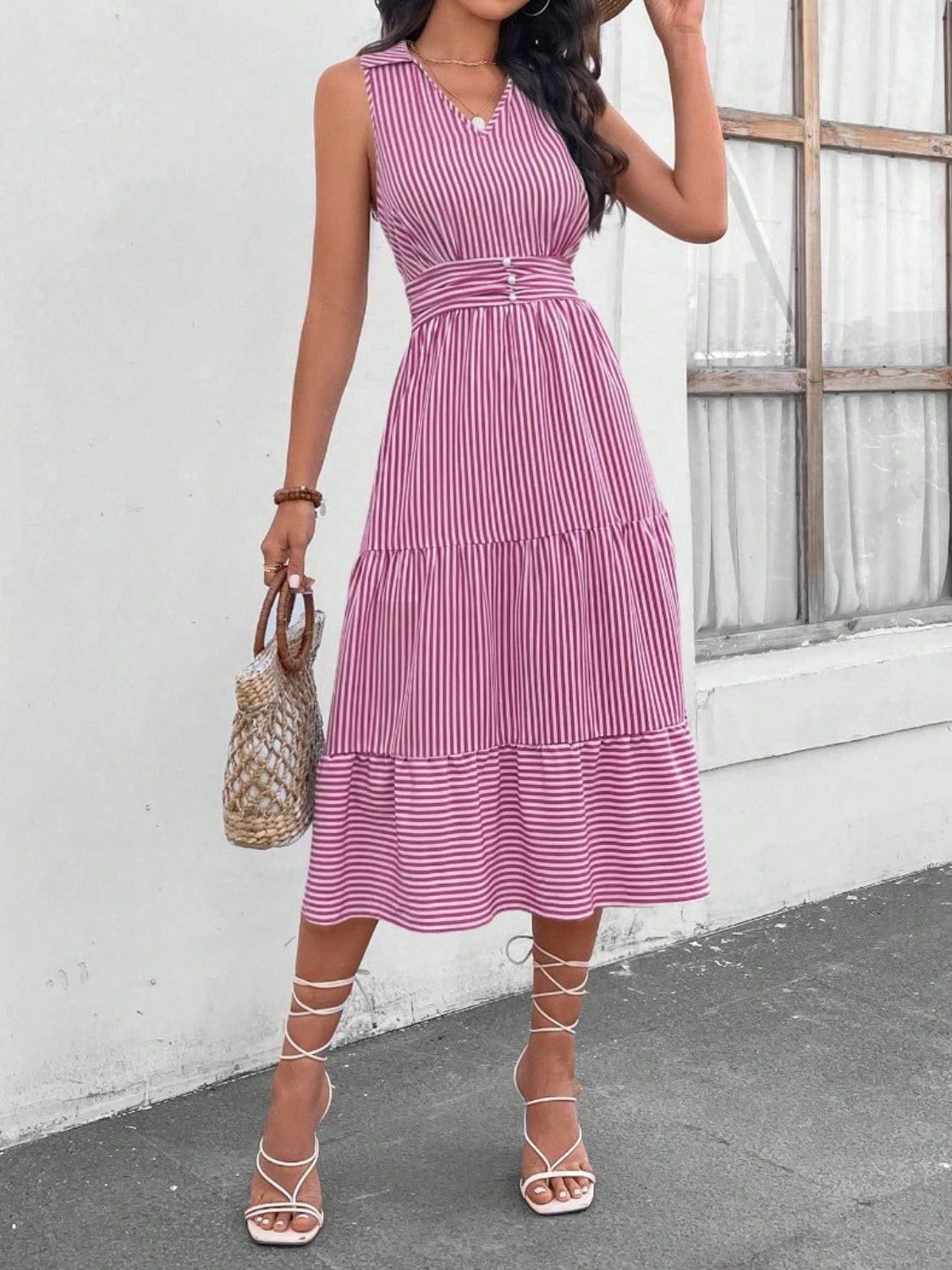 Trendsi Moonlit Mauve / S Striped Johnny Collar Sleeveless Midi Dress Striped Johnny Collar Sleeveless Midi Dress
