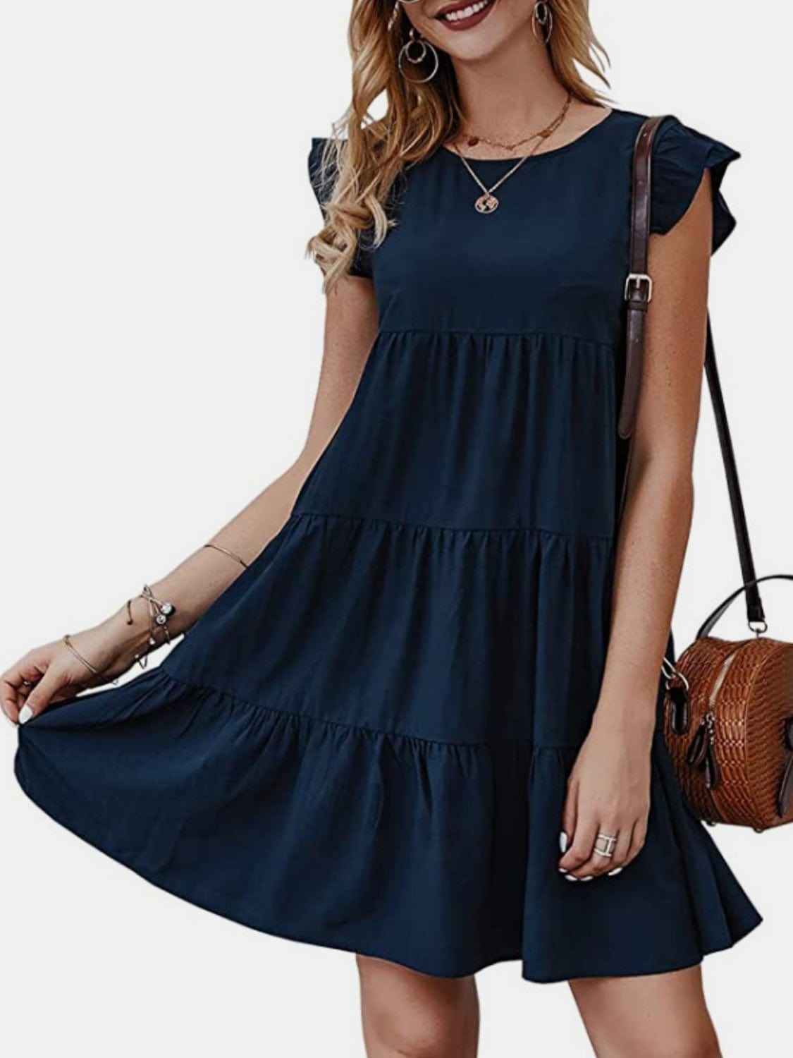 Trendsi Navy / S Ruffled Round Neck Cap Sleeve Mini Dress Ruffled Round Neck Cap Sleeve Mini Dress