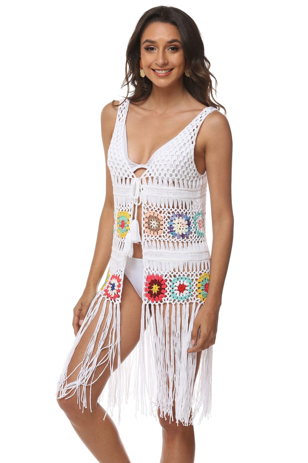 Trendsi Openwork Fringe Detail Embroidery Sleeveless Cover-Up Openwork Fringe Detail Embroidery Sleeveless Cover-Up