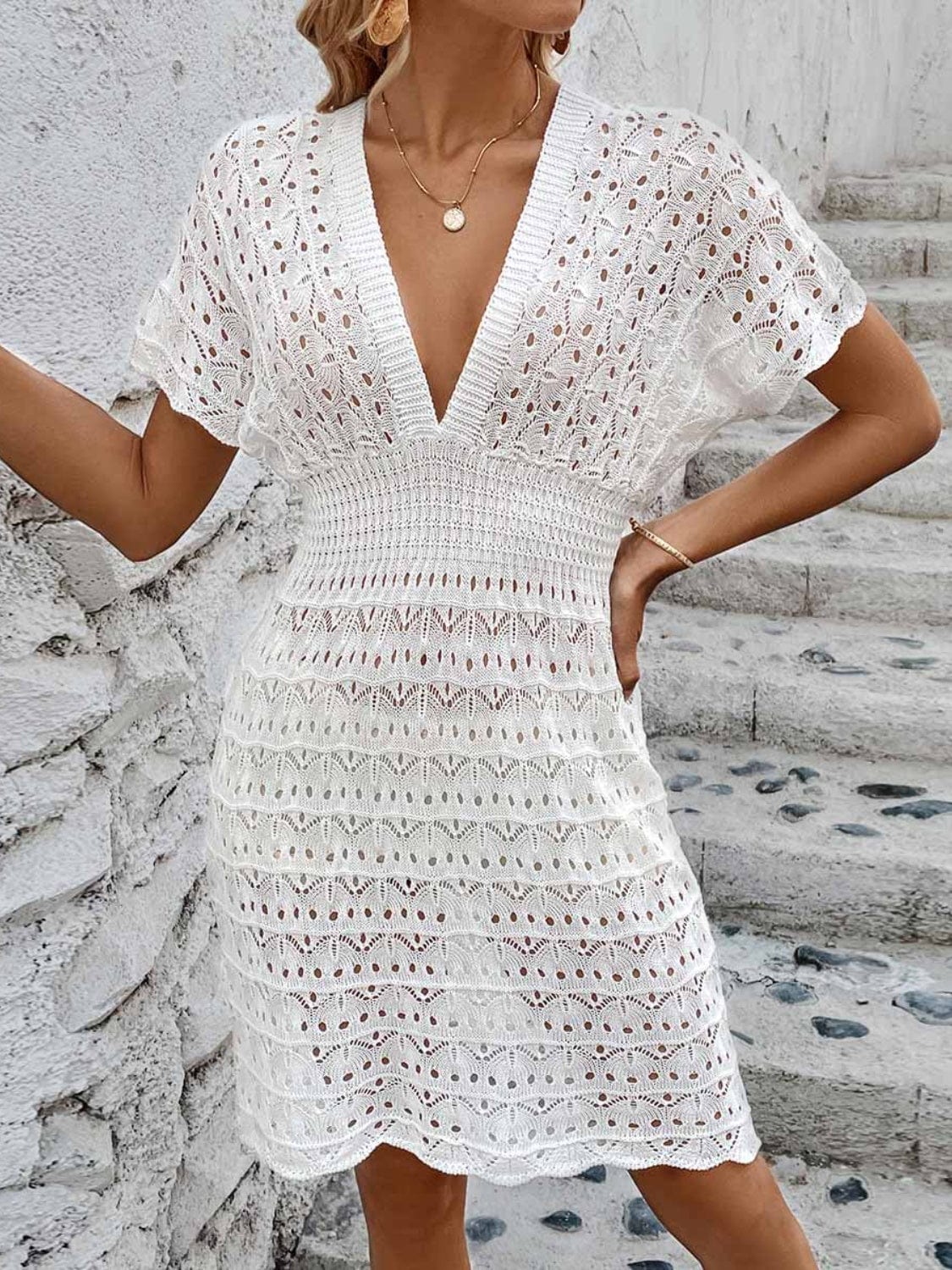 Trendsi Openwork Plunge Short Sleeve Cover-Up Dress Openwork Plunge Short Sleeve Cover-Up Dress