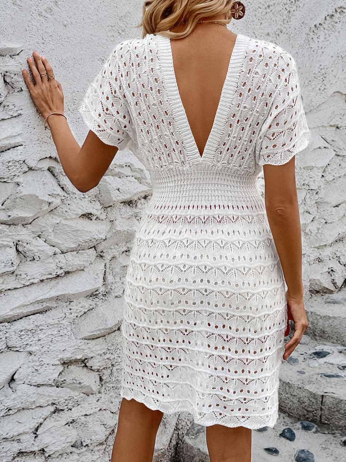 Trendsi Openwork Plunge Short Sleeve Cover-Up Dress Openwork Plunge Short Sleeve Cover-Up Dress